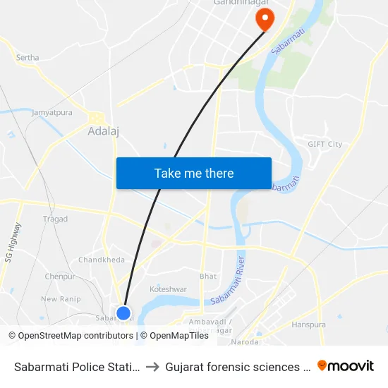 Sabarmati Police Station BRTS to Gujarat forensic sciences university map