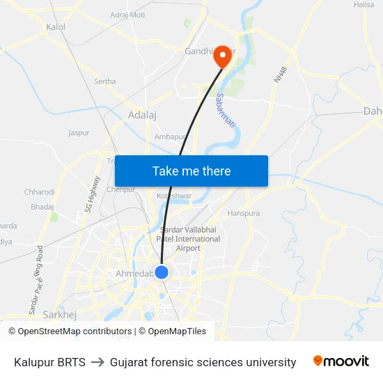 Kalupur BRTS to Gujarat forensic sciences university map