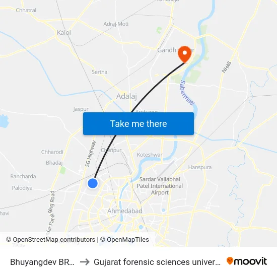 Bhuyangdev BRTS to Gujarat forensic sciences university map