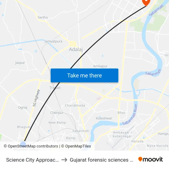Science City Approach BRTS to Gujarat forensic sciences university map