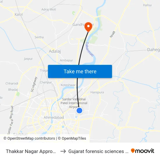 Thakkar Nagar Approach BRTS to Gujarat forensic sciences university map