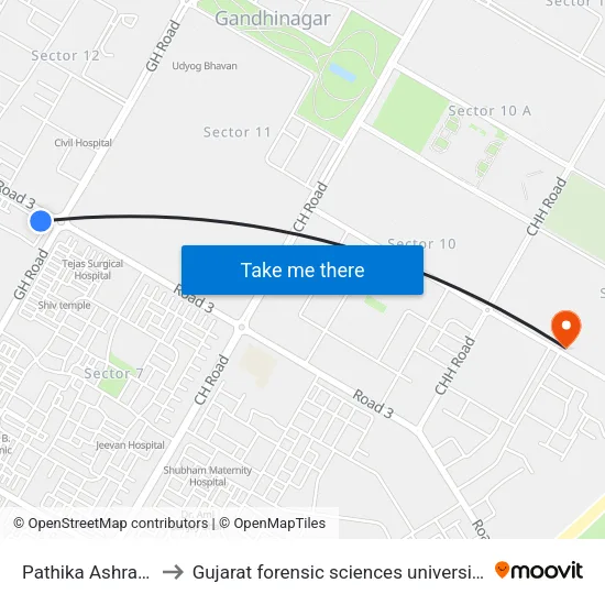 Pathika Ashram to Gujarat forensic sciences university map