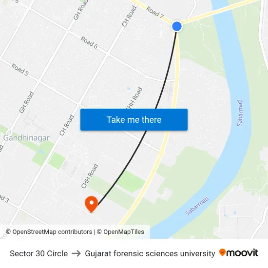 Sector 30 Circle to Gujarat forensic sciences university map
