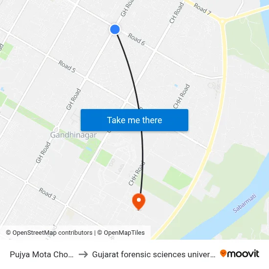 Pujya Mota Chowk to Gujarat forensic sciences university map
