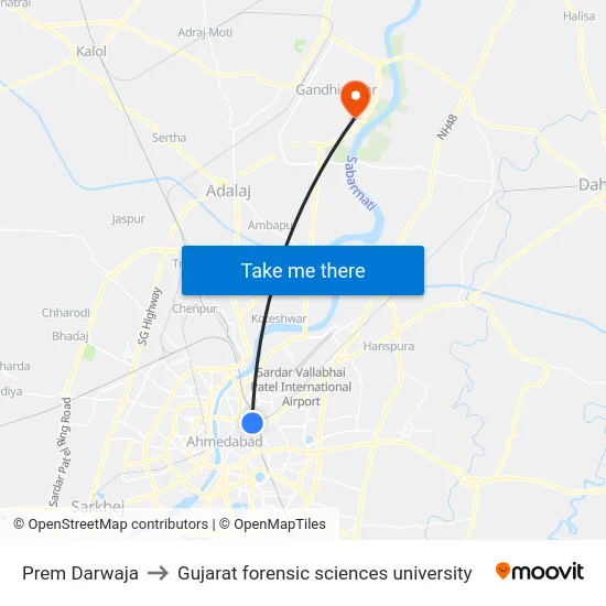Prem Darwaja to Gujarat forensic sciences university map