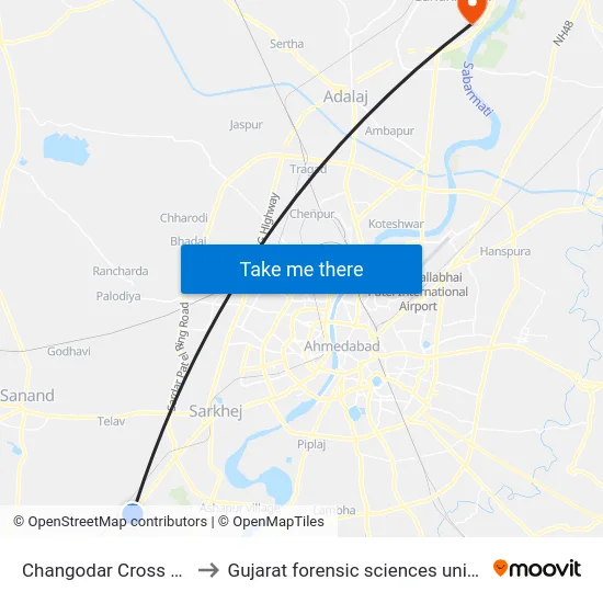 Changodar Cross Road to Gujarat forensic sciences university map