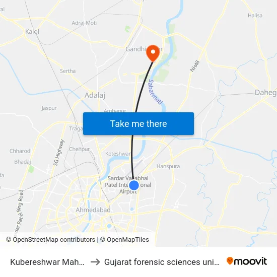 Kubereshwar Mahadev to Gujarat forensic sciences university map