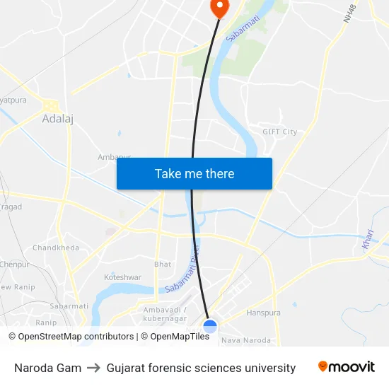 Naroda Gam to Gujarat forensic sciences university map