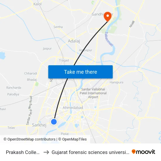 Prakash College to Gujarat forensic sciences university map