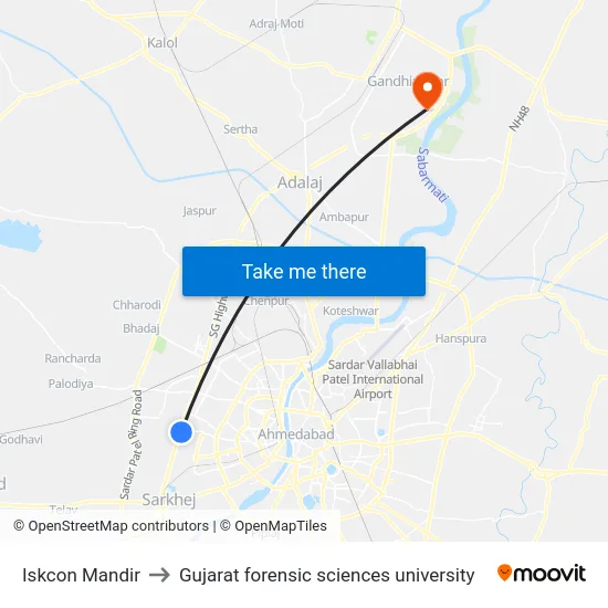 Iskcon Mandir to Gujarat forensic sciences university map
