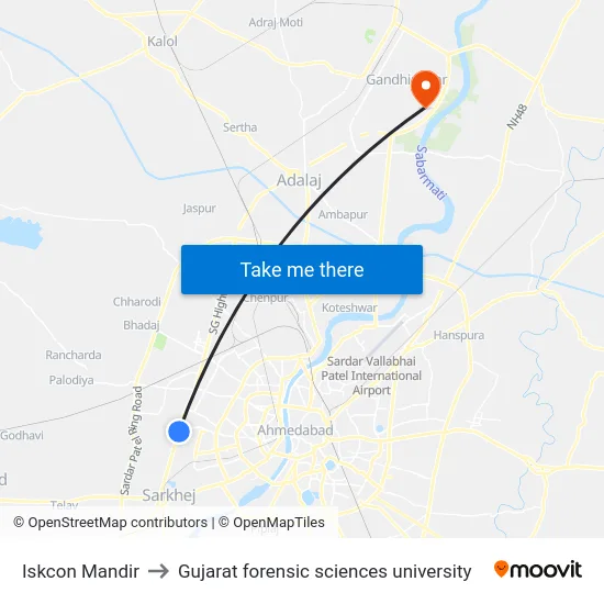 Iskcon Mandir to Gujarat forensic sciences university map