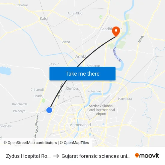 Zydus Hospital Road 4 to Gujarat forensic sciences university map