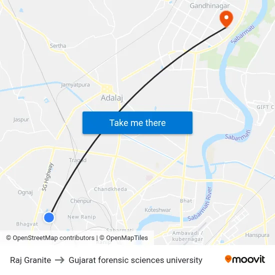 Raj Granite to Gujarat forensic sciences university map