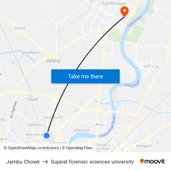 Jambu Chowk to Gujarat forensic sciences university map