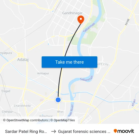 Sardar Patel Ring Road Circle to Gujarat forensic sciences university map