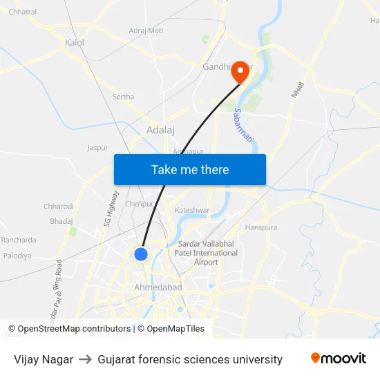 Vijay Nagar to Gujarat forensic sciences university map