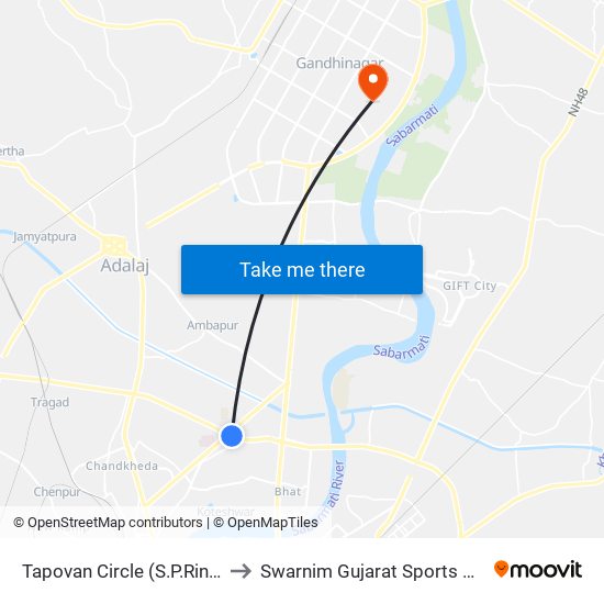 Tapovan Circle (S.P.Ring Road) to Swarnim Gujarat Sports University map