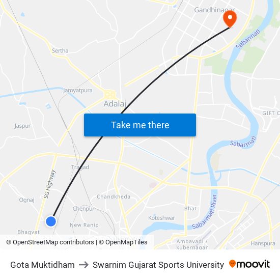 Gota Muktidham to Swarnim Gujarat Sports University map