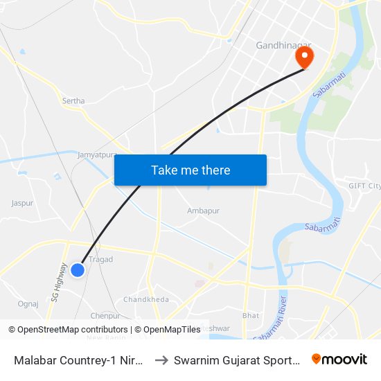 Malabar Countrey-1 Nirma Institute to Swarnim Gujarat Sports University map
