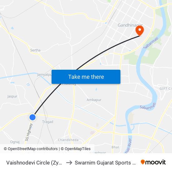 Vaishnodevi Circle (Zydus Life) to Swarnim Gujarat Sports University map