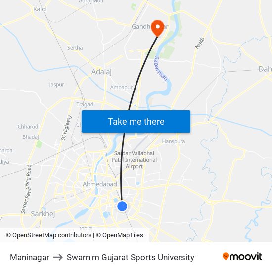 Maninagar to Swarnim Gujarat Sports University map