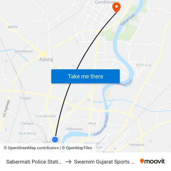 Sabarmati Police Station BRTS to Swarnim Gujarat Sports University map