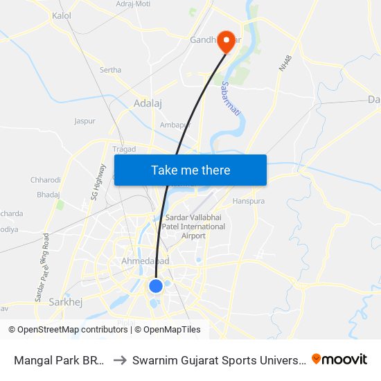 Mangal Park BRTS to Swarnim Gujarat Sports University map