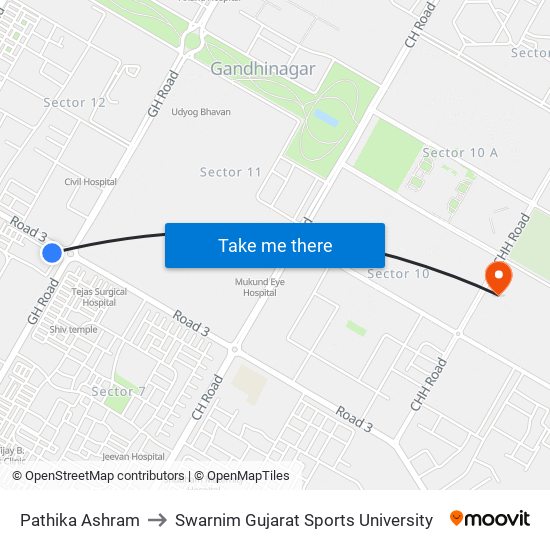 Pathika Ashram to Swarnim Gujarat Sports University map