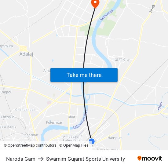 Naroda Gam to Swarnim Gujarat Sports University map