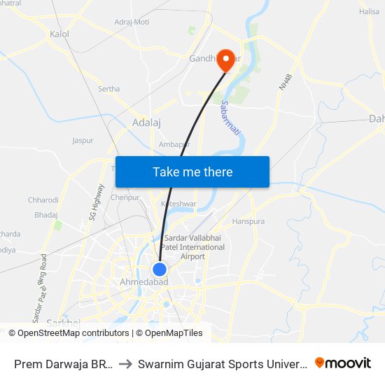 Prem Darwaja BRTS to Swarnim Gujarat Sports University map