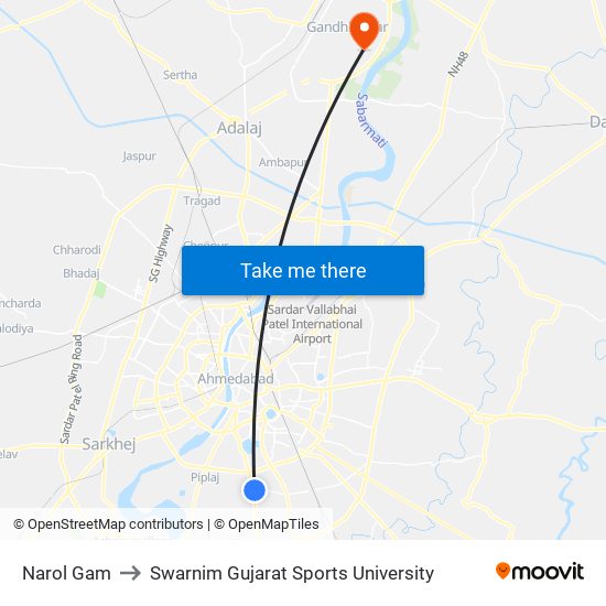 Narol Gam to Swarnim Gujarat Sports University map