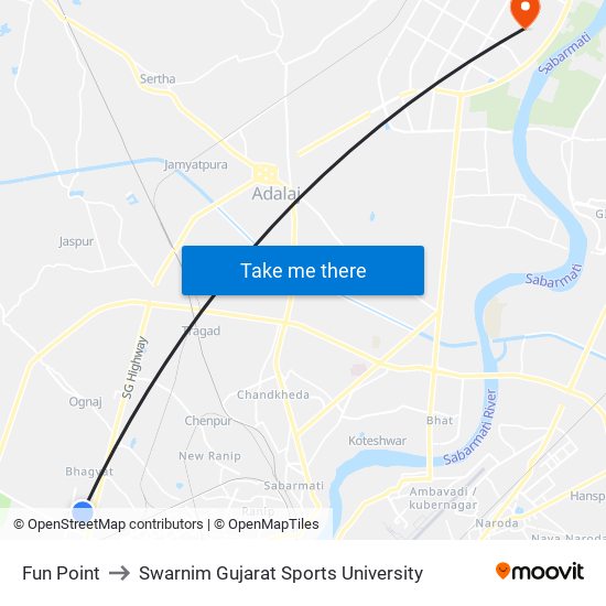 Fun Point to Swarnim Gujarat Sports University map