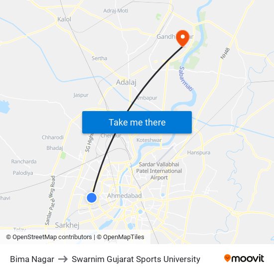 Bima Nagar to Swarnim Gujarat Sports University map