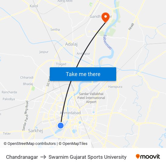 Chandranagar to Swarnim Gujarat Sports University map