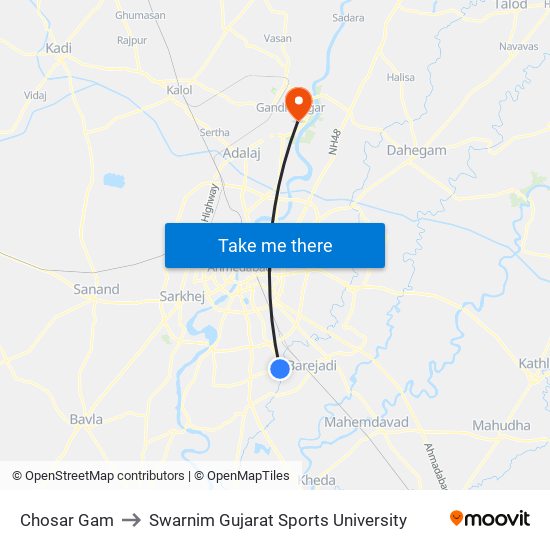 Chosar Gam to Swarnim Gujarat Sports University map