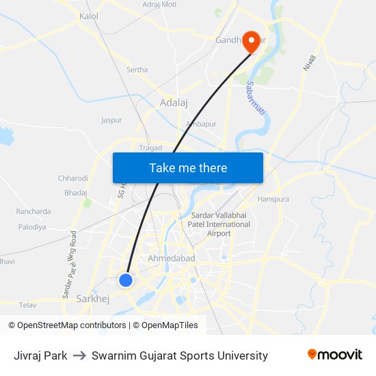 Jivraj Park to Swarnim Gujarat Sports University map