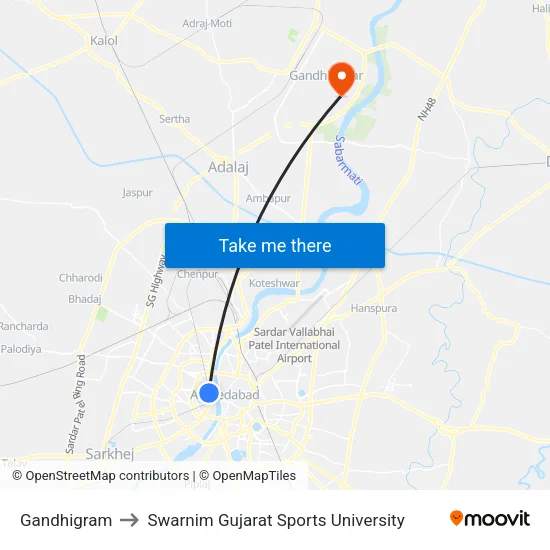 Gandhigram to Swarnim Gujarat Sports University map