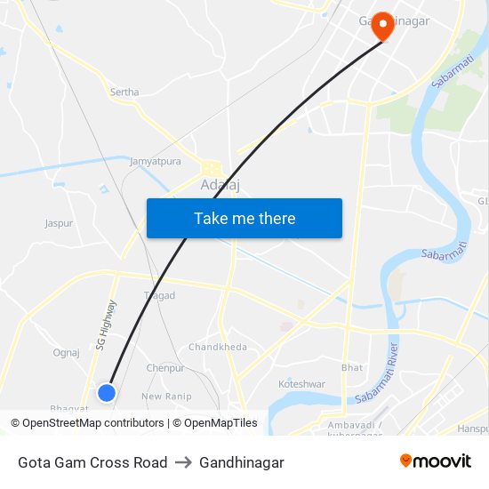 Gota Gam Cross Road to Gandhinagar map