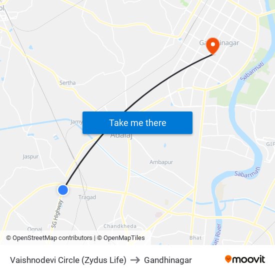 Vaishnodevi Circle (Zydus Life) to Gandhinagar map