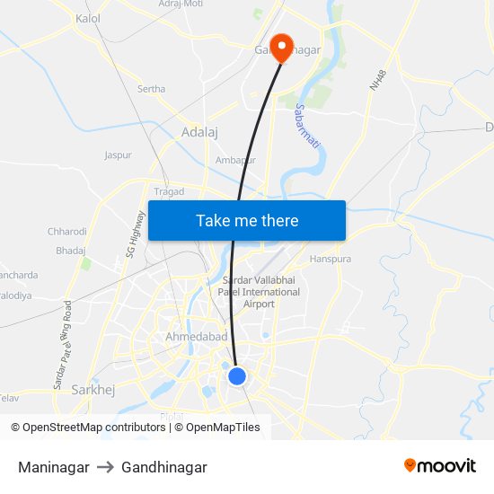 Maninagar to Gandhinagar map