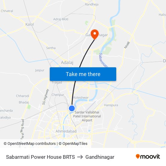 Sabarmati Power House BRTS to Gandhinagar map