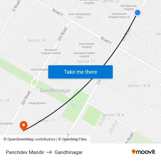 Panchdev Mandir to Gandhinagar map