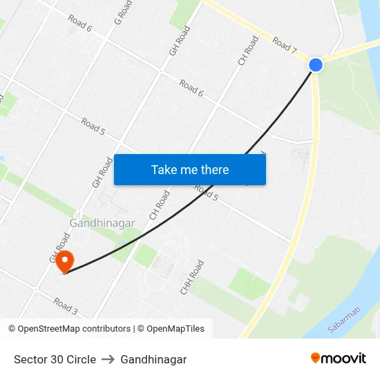 Sector 30 Circle to Gandhinagar map