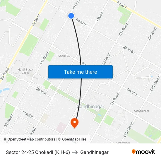 Sector 24-25 Chokadi (K.H-6) to Gandhinagar map
