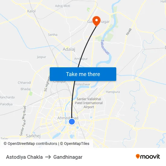 Astodiya Chakla to Gandhinagar map