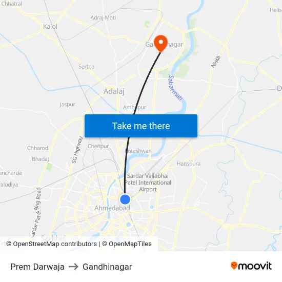 Prem Darwaja to Gandhinagar map