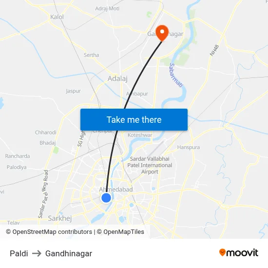 Paldi to Gandhinagar map