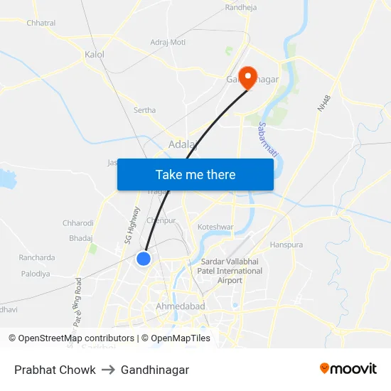 Prabhat Chowk to Gandhinagar map