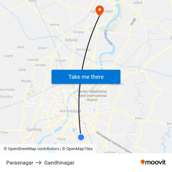 Parasnagar to Gandhinagar map