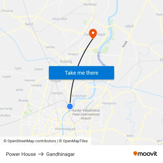 Power House to Gandhinagar map